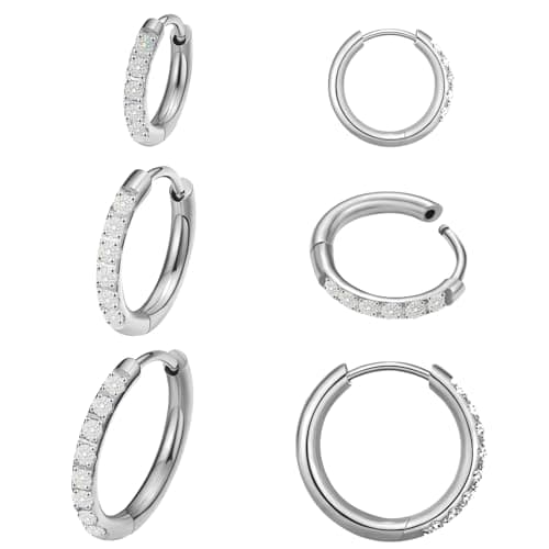 3 Pairs Moissanite Titanium Huggies Hoop Earrings for Women Men (Silver) - Image 1