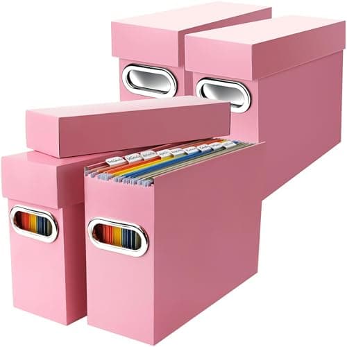 Naleyber File Organizer Box with Lid & Handle, Heavy Duty Hanging File Folder Storage Boxes for Letter Size, Portable Filing Organizer for Office, Home, Classroom, Pink 4 Pack