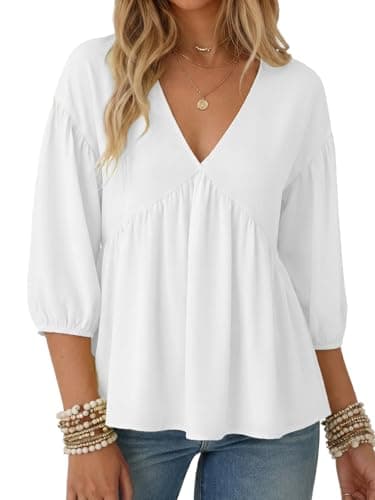 Aotasely Women's Flowy Peplum Babydoll Tops 3/4 Length Puff Sleeve Shirts Trendy Casual Loose Fit Blouse V Neck Outfits White - Image 1