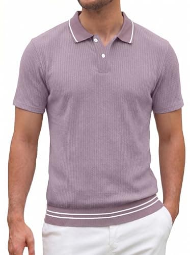 Crastimo Men's Textured Polo Shirt Vertical Rib Short Sleeve Contrast Trim Collar Hem 2-Button Classic Fit Casual Golf Pink M - Image 1
