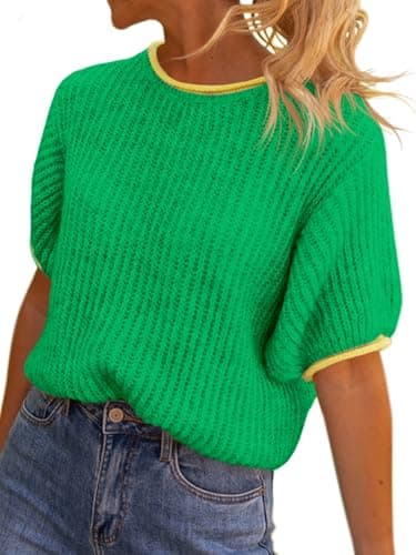 Saodimallsu Womens Puff Short Sleeve Sweater Tops Spring Summer Color Block Ribbed Knit Crew Neck Going Out Shirts Green - Image 1