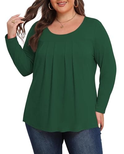 ZHUHOUSE Womens Plus Size Tunic Tops Long Sleeve Dressy Casual Cute Loose Pleated T Shirts Blouses(Dark Green,3X-Large) - Image 1