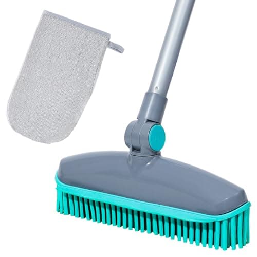 180°Rotating Head Rubber Broom with Squeegee for Pet Hair Removal - 51" Iron Handle Fur Remover Rake Brush for Carpet, Hardwood & Tile Floors, Includes Pet Hair Removal Gloves (Blue) - Image 1
