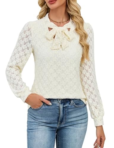 Blooming Jelly Womens Lace Long Sleeve Tops Tie Front Lined Dressy Blouse Fall 2025 Fashion Trendy Ladies Elegant Business Casual Outfit (Medium, Cream) - Image 1