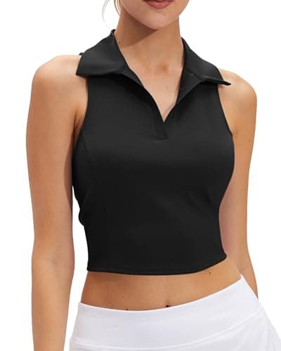 Stelle Women Sleeveless Golf Polo Shirt UPF50+ V Neck Collared Tennis Shirts Quick Dry Athletic Workout Cropped Tank Tops Black Medium - Image 1