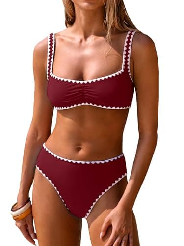 ANRABESS Womens Bikini Sets Two Piece Swimsuit Ribbed Front Ruched Mid Waisted Bathing Suit Color Block 2026 Beach Swimwear Deep Red XL - Image 1