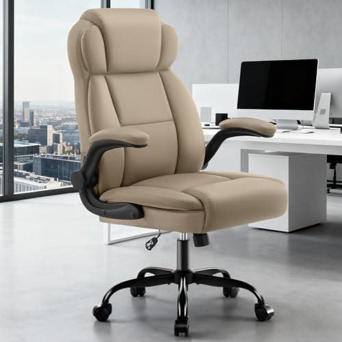 AreShark Ergonomic Office Chair with Lumbar Support, 400lbs Heavy Duty Big and Tall Executive Desk Chair, PU Leather High Back Computer Chair with Integrated Headrest & Flip-Up Arms, Khaki