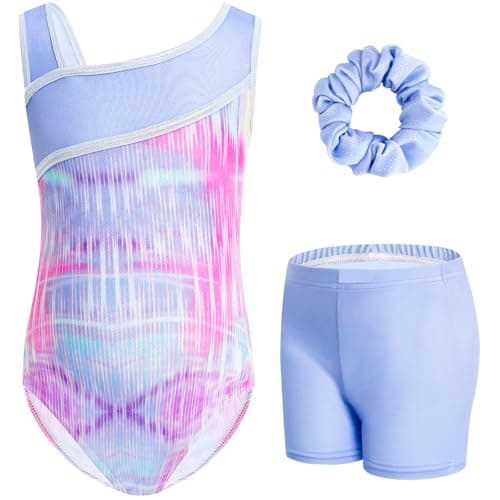 Gogokids Gymnastics Leotards for Girls Sloping Shoulders Kids Dance Unitards Biketards with Shorts, Multicolor, 8-9 Years - Image 1