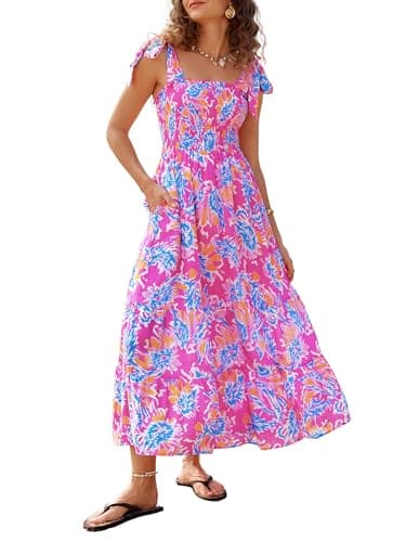 Kate Kasin Summer Womens Floral Boho Maxi Dress, Spaghetti Tie Strap Long Sun Dresses, 2026 Vacation Beach Smocked Sundresses Hot Pink - Image 1