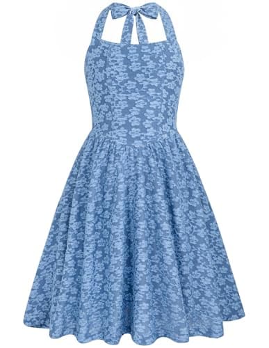 Homecoming Dresses for Teens Size 12-14 Junior Elegant Floral Flower Prom Semi Formal Short Dresses Halter Tie Back a Line Sundresses Navy Blue - Image 1