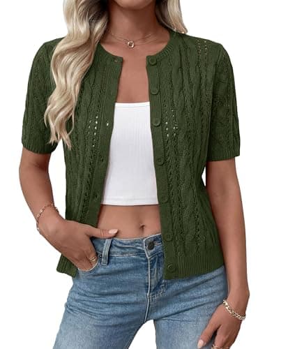 MASCOMODA Women Summer Cable Knit Crochet Cardigan Sweaters Casual Button Short Sleeve Sweater Cute Beach Hollow Out Knit Top(Army Green,X-Large) - Image 1