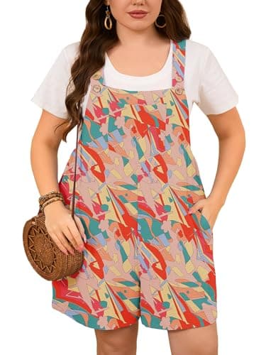 AusLook Plus Size Rompers for Women Lifeful Color Block 2X Overall Shorts Adjustable Button Strap Loose Wide Leg Short Jumpsuit Summer Casual Outfit with Pockets - Image 1