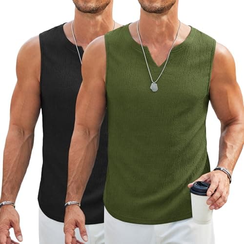 COOFANDY Mens Knit Tank Tops Casual Lighweight Sleeveless T Shirts Classic Fit Muscle Tank Slimming Tank Top Classic Black/Army Green - Image 1