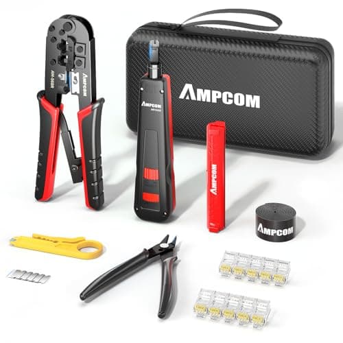 AMPCOM Ethernet Crimping Tool Kit 7-in-1 RJ45/RJ11 Network Tool Kit for Cat6/Cat5e/Cat5 RJ45 Connectors with 110 Punch Down Tool Wire Stripper in Portable Waterproof Bag - Image 1