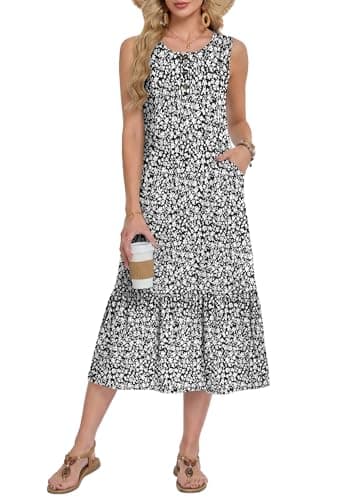 WNEEDU Women Summer Sleeveless Midi Dresses Button Front Sundress with Pockets(BK WT S Floral,L) - Image 1