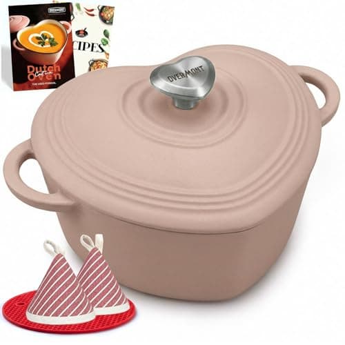 Overmont Heart-Shaped Enameled Cast Iron Dutch Oven, 2QT Pink Mini Pot with Lid for Cozy Meals, Soups & Small Batch Baking, Cute Kitchen Cookware Gift for Wedding, Housewarming & Birthday - Image 1