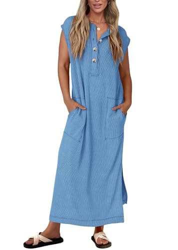 KIRUNDO Womens Summer Dresses 2026 Spring Ribbed Knit Henley Short Sleeve Maxi Dress Button Up Loose Beach Vacation Sundress(Blue, Medium) - Image 1