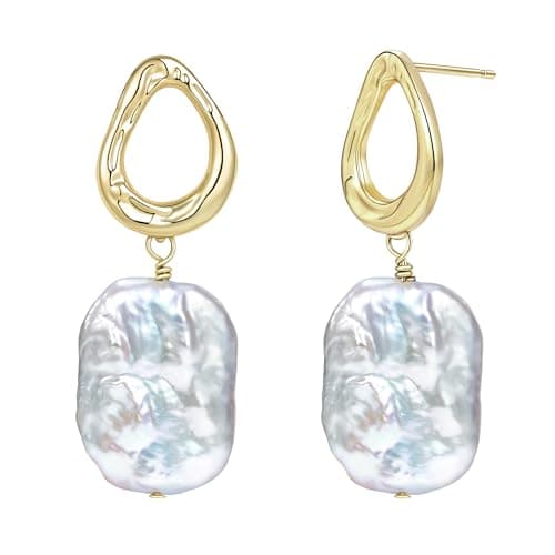 Baroque Pearl Earrings for Women 925 Sterling Silver Post 14K Gold Plated Heart Teardrop Design Dangle Freshwater Cultured Baroque Pearl Earring Hypoallergenic Wedding Birthday Gift for Mom Girlfriend (Type3-teardrop) - Image 1