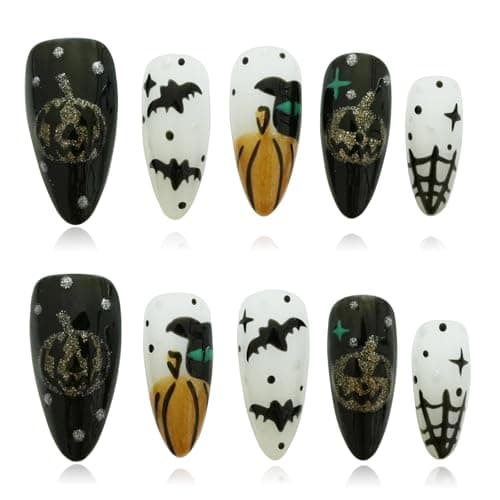 Tesytto 10pcs Almond Press on Nails - Halloween White Black False Nails with 3D Bat, Pumpkin & Cobweb Designs, Reusable Acrylic Press on Nails for Women (Spooky Vibes,S) - Image 1