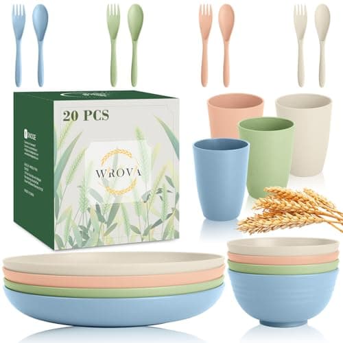 Wrova Wheat Straw Kids Plates and Bowls Sets,Unbreakable Kids Dinnerware sets with Flatwares,Lightweight Reusable Camping Plates and Bowls Sets.Nordic Series - Image 1