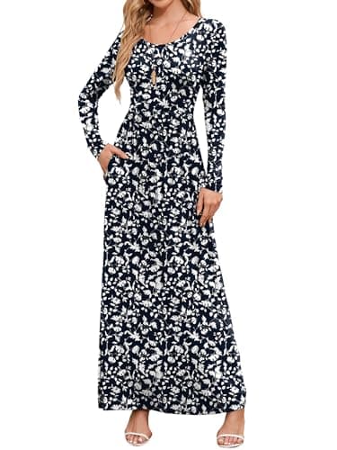 DEARCASE Maxi Dress for Women Floral Navy Blue Entwined Flower Large Round Neck Boho Long Sleeves A-line Casual Hawaiian Empire Waist Flowy Party Vintage Spring Fall Winter Dresses with Pocket - Image 1