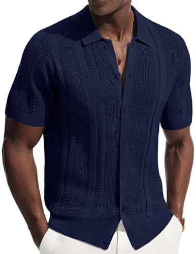 Men's Knit Button Down Shirt Short Sleeve Vintage Hollow Out Polo Shirts Summer Casual Beach Tops Navy Blue L - Image 1