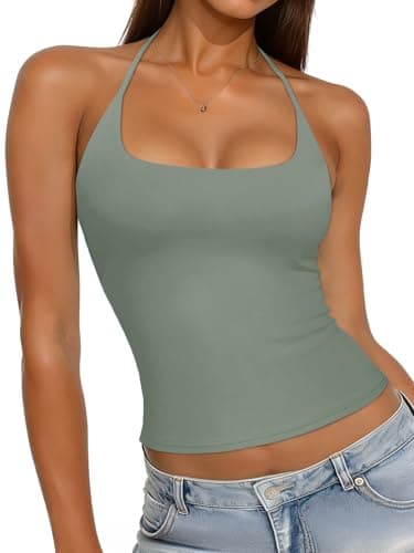 REORIA Womens Sexy Halter Backless Tank Tops Square Neck Camisole Crop Tops Basic Double Lined Sleeveless Shirts Y2K Trendy Going Out Tops, Grey Green X-Small - Image 1