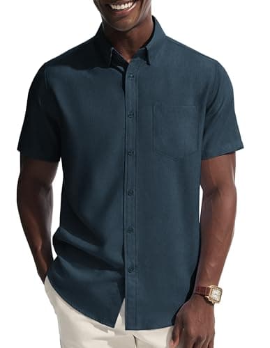 PJ PAUL JONES Mens Formal Shirts Regular Fit Dress Shirts Short Sleeve Business Casual Button Up Shirt Denim Blue XL - Image 1
