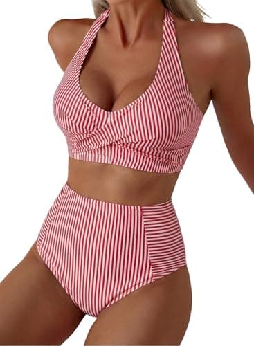 Herseas Women's High Waisted Two Piece Bikini Sets Halter Strap Patch Pocket 2026 Summer Swimsuit Striped Breathable Slimming Tummy Control Bathing Suits Cruise Essentials Red Stripe Large - Image 1