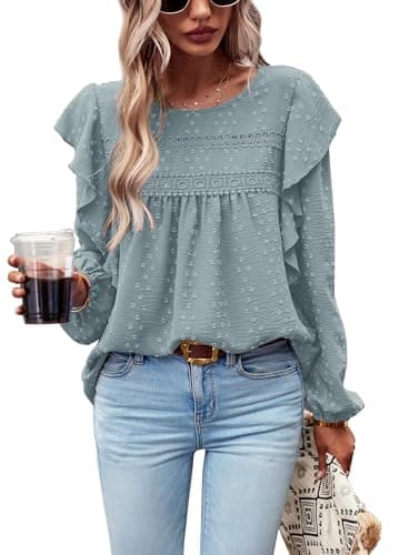 PRETTYGARDEN Spring Tops for Women 2026 Ruffle Sleeve Blouses Swiss Dot Crochet Loose Fit Tunic Dressy Casual Business Work Shirts (Light Green, XXL) - Image 1