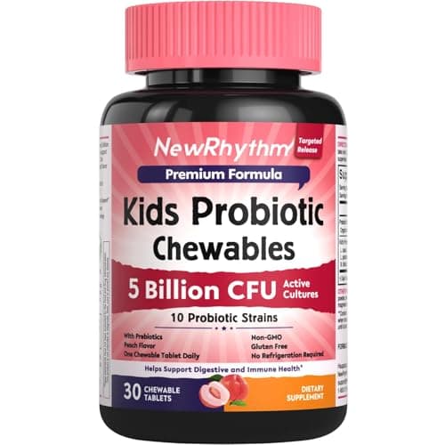 NewRhythm Kids Probiotic Chewables, 5 Billion CFU 10 Strains, with Prebiotic Fiber Inulin & Organic Acacia for Age 3+, Natural Peach Flavored, for Digestive & Immune Support, 30 Chewable Tablets - Image 1