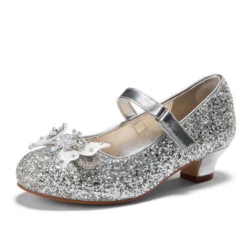 PATPAT Girls Dress Shoes Size 11 Little Kid, Silver Glitter Shoes with Butterfly Hair Clips, Sequins Rhinestones Bowknot Princess Low Heels Mary Jane Footwear Heels for Girls Dress Up - Image 1