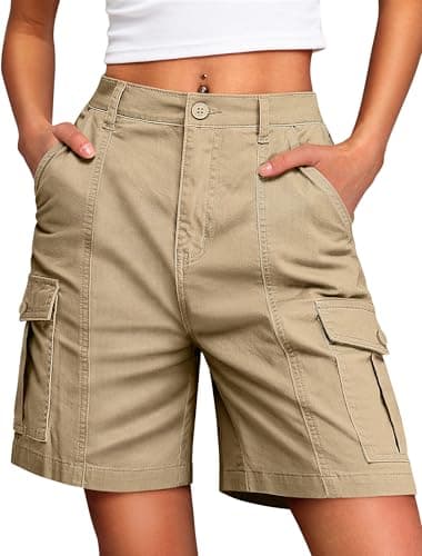 IWD Womens Shorts Bermuda Cargo Shorts Knee Length 7 Inch Inseam Long with Pockets for Summer Y2K Fashion Khaki S - Image 1