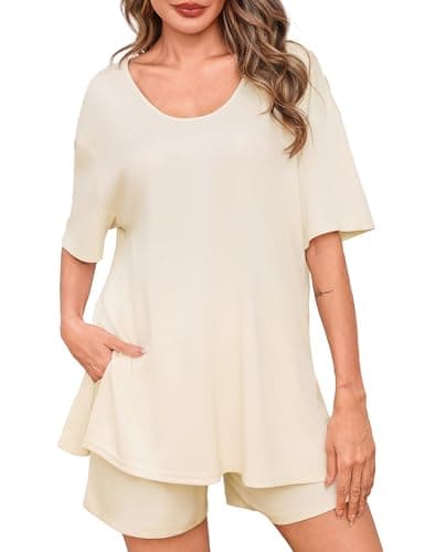 Totatuit Women's 2 Piece Lounge Sets Oversized U Neck T-Shirt and High Waisted Bermuda Shorts with Pockets Summer Matching Outfits for Travel Beige X-Large - Image 1