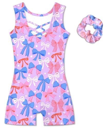 uideazone Unitard Biketards for Girls Gymnastic Kids Purple Bow Printed Graphic Bodysuits Matching Hair Scrunchie for Stage Show - Image 1