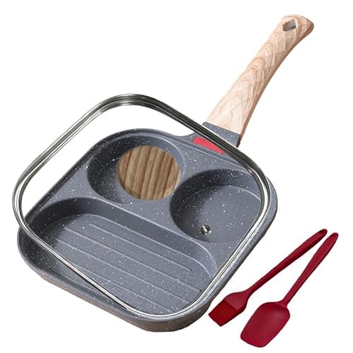 Foorey Home Egg Frying Pan 3-In-1 Divided Nonstick Egg Pan with Lid Breakfast Grill Pan Skillet Compatible with Gas Stove & Induction Cooktops (Gray, Upgraded Lid) - Image 1