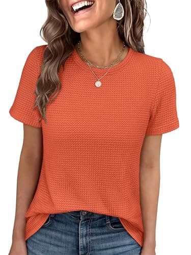 ANRABESS Women's Summer Waffle Knit Tops Crew Neck Short Sleeve Casual Trendy Shirts Basic Tee Blouses 2026 Spring Outfits Orange Small - Image 1