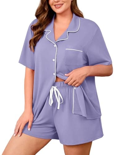 AusLook Plus Size Purple Grey Pajama Set for Women Short Sleeve Button Down Sleepwear 2 Piece Loungewear with Pockets Notch Collar Drawstring Pajama Shorts Soft Comfy PJ 1X Set - Image 1