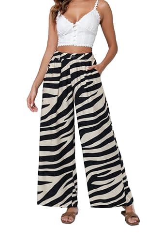 Ystguic Women Elastic Waist Palazzo Wide Leg Zipper Button White Black Zebra Stripe Animal Print Viscose Rayon Tapered Dress Pant with Pockets for Office Vocation Work Casual Beach Trouser Medium M - Image 1