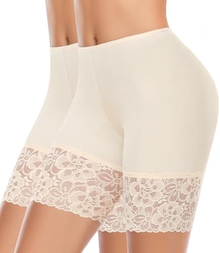 Ganado Slip Shorts for Under Dresses Women Anti Chafing Shorts Underwear Seamless Under Dress Lace Boyshorts Panties(#2 Beige+beige,Small) - Image 1