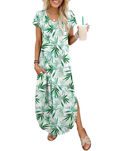 ANRABESS Womens Summer Maxi Dresses 2026 Casual Short Sleeve V Neck Loose Split Long Beach Sundress Travel Vacation Clothes Green White Floral Small - Image 1