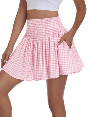 Vigorics Women’s High Waisted Smocked Mini Skirt Casual A-Line Skort Built-in Shorts for Summer Vacation Picnic Outdoor Pink White Checkered S - Image 1