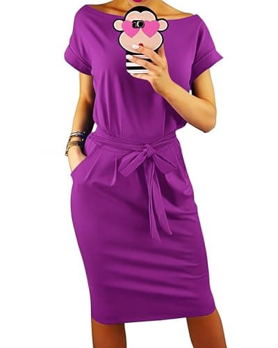 PRETTYGARDEN Women's Summer Short Sleeve Crewneck Striped Dress Basic Solid Tie Waist Office T Shirt Dresses Pockets(Solid Purple,Large) - Image 1