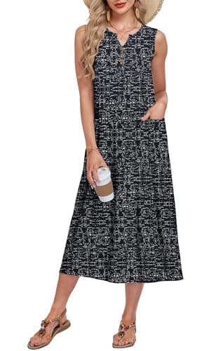 MOLERANI Casual Dresses for Women with Pockets V Neck Midi Dress Button Down Loose Fit Airy Summer Dress, Ink Silver Flash, L - Image 1