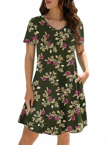 KORSIS Summer Dresses for Women Casual T-Shirt Floral Dress V Neck Swing Flowy Short Sleeve Beach Vacation Sundress with Pockets 2XL - Image 1