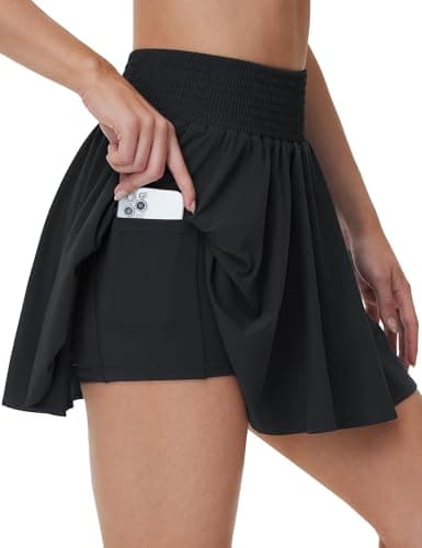 THE GYM PEOPLE Women's Flowy Tennis Skorts High Waisted Pleated Athletic Golf Skirts Built-in Shorts with Pockets Black - Image 1