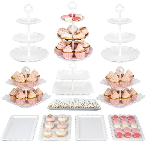 Pack of 11 NWK Cake Stand Set, with 3 x Two-Tier and 3 x Three-Tier Cupcake Stands, 4 x Appetizer Trays, 1 x Tablecloth for Birthday Bridal Baby Shower Party (White) - Image 1