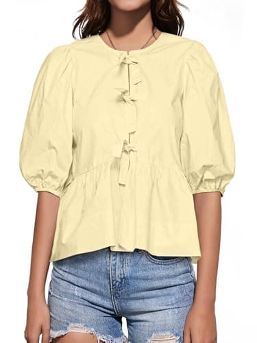 Tankaneo Womens Tie Front Tops Summer Peplum Babydoll Puff Short Sleeve Blouse Cute Cotton Shirts Beige - Image 1