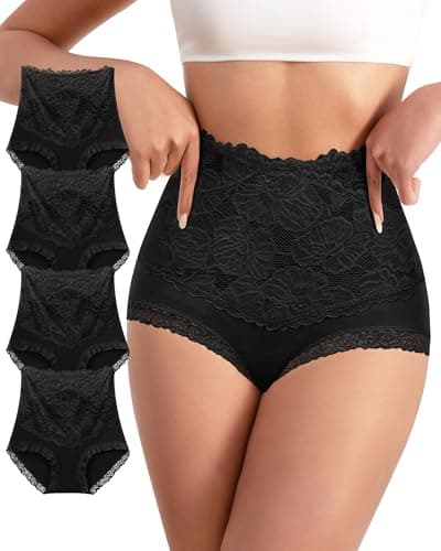 YDQ Womens High Waisted Cotton Underwear Pack Lace Ladies Paintes Sexy Postpartum Breathable Post Partum Moisture Wicking Black S - Image 1