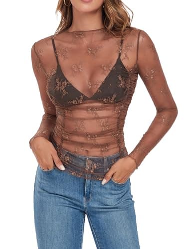ZAFUL Women Plus Lace Layering Top Mesh Long Sleeve Lace Mock Neck Tops Sheer See Through Fall Shirts Floral Country Concert Outfits Brown - Image 1